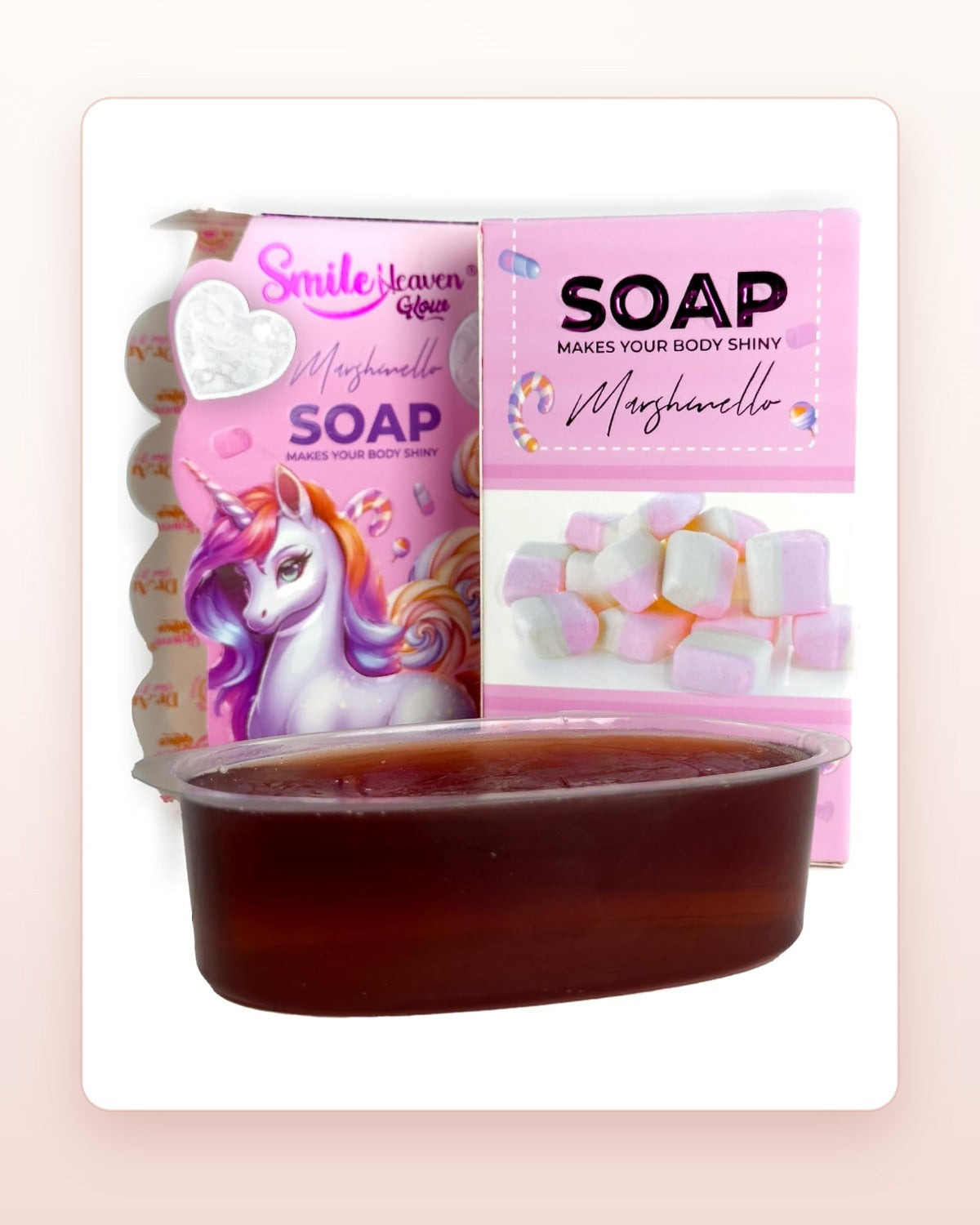 Smile Heaven Marshmelo Body Soap on blush studio card