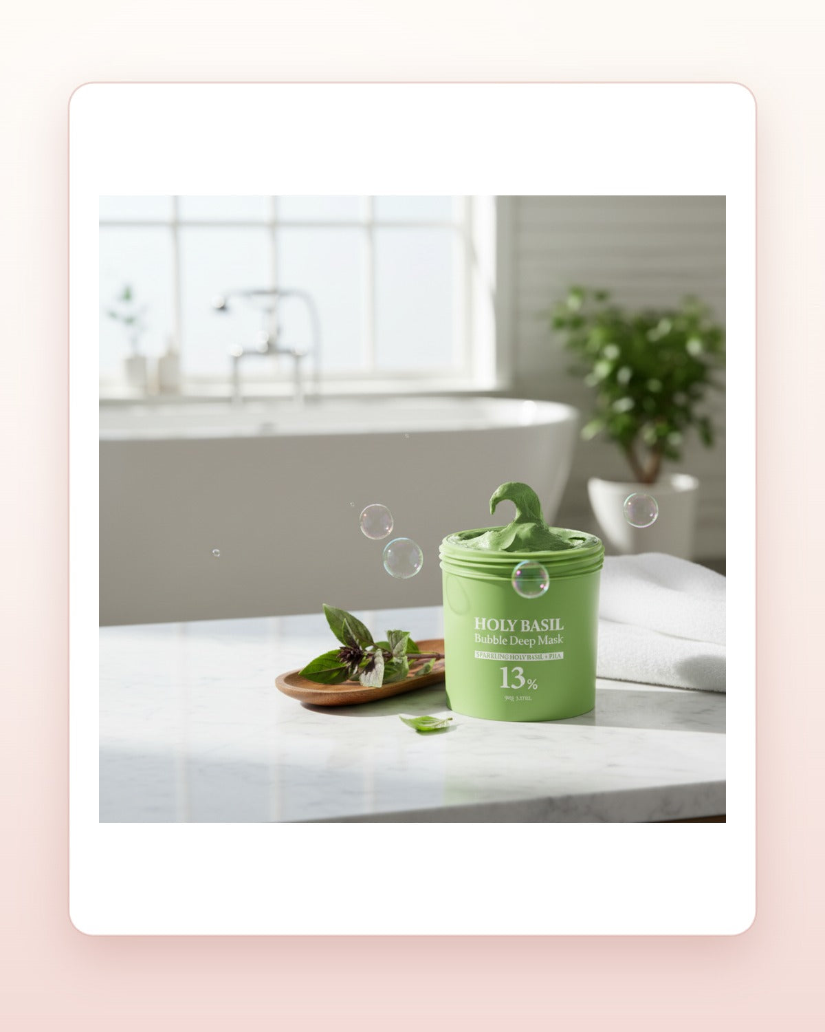 P.CALM Holy Basil Bubble Deep Mask on blush studio card